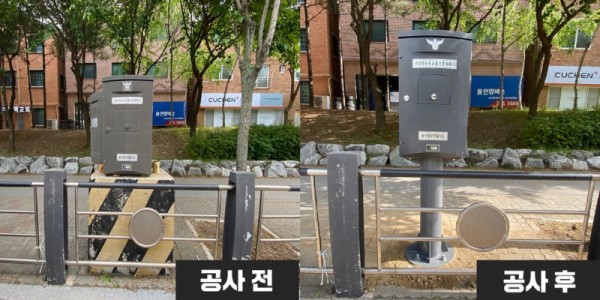 6. 기흥구가 동백동 호수마을자연앤데시앙 삼거리 등 38곳의 노후한 교통신호제어기를 교체했다. 구형 콘크리트 좌대(사진 왼쪽)를 쓰고 있는 4곳은 신형 철주 좌대(오른쪽)로 바꿨다..jpg