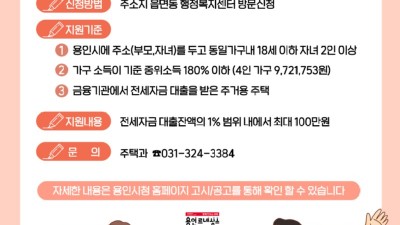 용인특례시, 다자녀가구에 전세자금 대출이자 100만원