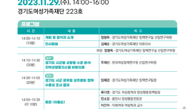 경기도여성가족재단, 29일 ‘경기도 시군별 성평등 현황과 향후과제’ 정책포럼 개최