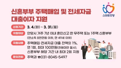 안양시, 신혼부부 주택매입 및 전세자금 대출이자 지원